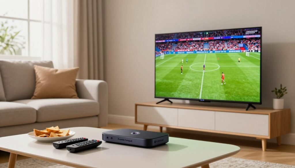 A cozy living room setup highlighting an IPTV box featuring the Premier League logo, with a sleek smart TV displaying a football match scene in vivid colors. In the foreground, a stylish coffee table holds remote controls and snacks, creating a relaxed atmosphere. In the middle ground, a comfortable sofa with plush cushions invites viewers to sit back and enjoy the game. The background shows a window with soft, natural lighting filtering through sheer curtains, enhancing the homely feel. The camera angle is slightly lower, focusing on the IPTV setup while capturing the inviting ambiance of the room. The overall mood is cheerful and engaging, perfect for an inspiring viewing experience.