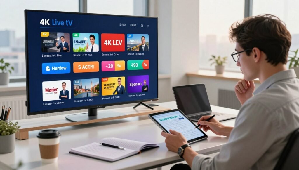 A detailed office setting with a large, modern 4K television displaying various subscription pricing options for live TV streaming services. In the foreground, a professional business person with glasses, dressed in smart casual attire, is thoughtfully analyzing a tablet, jotting down notes. The middle ground features a sleek desk with a laptop, notepads, and a cup of coffee, emphasizing a working environment focused on decision-making. The background showcases a bright window with city views and natural light coming in, creating an inviting atmosphere. The room's lighting is warm and soft, enhancing a sense of productivity and contemplation. The angle should be slightly elevated, capturing the subject and its surroundings to highlight the cost considerations for 4K live TV.