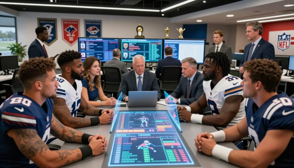 A dynamic scene depicting the excitement of the NFL 2026 offseason, showcasing major player trades and free agency. In the foreground, a diverse group of male and female professional football players in modern team jerseys, engaged in a strategic discussion around a high-tech table with player statistics displayed on holographic screens. In the middle, an office atmosphere filled with team executives in professional business attire, analyzing trade options on large digital monitors, capturing a sense of urgency and anticipation. In the background, the interior of a modern sports facility, with team banners and trophies, illuminated by bright, focused lighting to evoke a sense of hope and ambition. The overall mood is energetic and optimistic, symbolizing the thrill of new beginnings in the NFL.