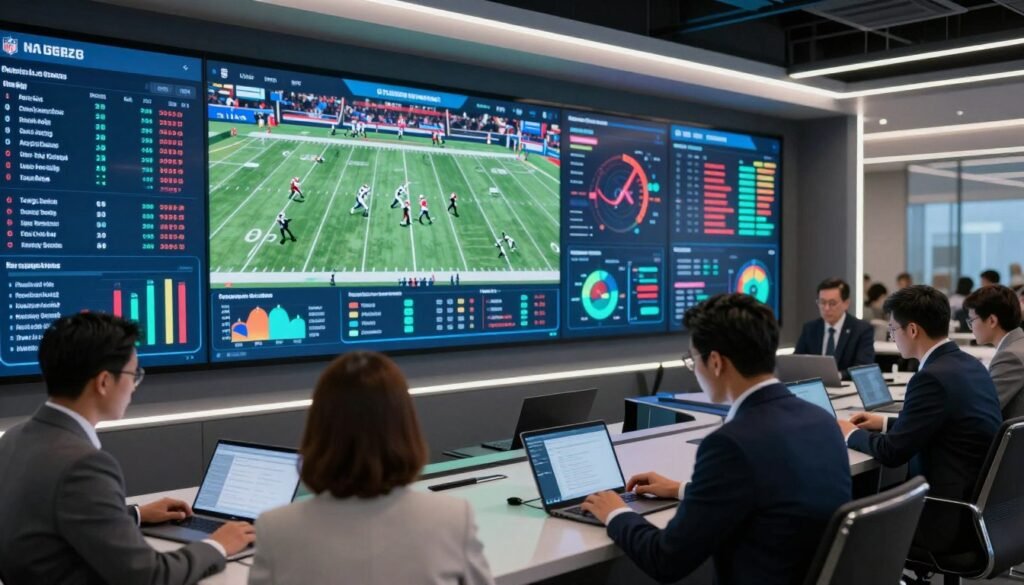 A futuristic NFL analytics command center featuring an array of high-tech screens displaying advanced statistics and player performance metrics. In the foreground, a diverse group of professionals in business attire analyzing data on tablets and laptops, focusing intently on their work. In the middle, a large digital wall showing 3D visualizations of player movements and game strategies, highlighted by glowing graphs and dynamic charts. The background features a sleek, modern office environment with ambient lighting, subtly illuminated by LED panels that reflect the vibrant colors of the data displays. The mood is intense and focused, showcasing the intersection of technology and sports in a bright, engaging atmosphere. The scene captures the innovative spirit of the NFL in 2026, emphasizing the importance of analytics in the game.