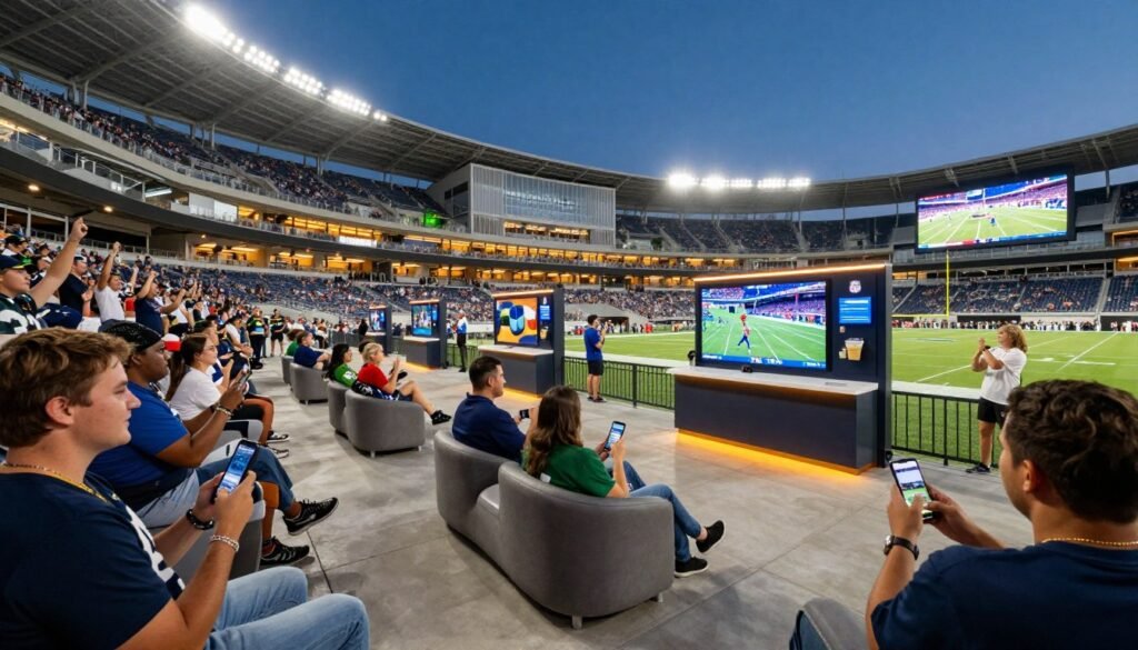 A modern NFL stadium bustling with excited fans experiencing high-tech enhancements. In the foreground, a diverse group of fans in casual sports attire, cheering and using advanced mobile devices. The middle ground features upgraded seating areas with comfortable lounge chairs, large digital screens displaying instant replays, and interactive kiosks for ordering food and drinks. In the background, a panoramic view of the stadium's exterior showcases sleek architectural designs with eco-friendly features, LED lighting illuminating the night sky. The scene is set during an evening game, with warm stadium lights casting a vibrant glow, creating an energetic and engaging atmosphere. The angle is slightly elevated to capture the full breadth of the upgrades, emphasizing the fan-centric improvements throughout the venue.