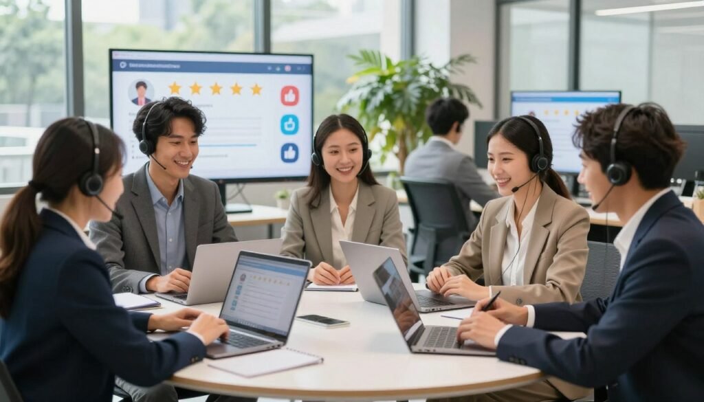 A modern customer support scene set in a bright, airy office environment. In the foreground, a diverse group of professionals in business attire—both men and women—are collaborating at a sleek round table adorned with laptops and notepads, engaged in a positive discussion. The middle ground features various customer service ratings displayed on digital screens, showcasing stars and thumbs-up icons. In the background, large windows allow natural light to flood the space, highlighting lush greenery outside. The overall mood is upbeat and constructive, emphasizing teamwork and customer satisfaction. Use soft, diffused lighting to create an inviting atmosphere, with a focus on clarity and professionalism. The angle should be slightly elevated to capture the entire scene effectively.