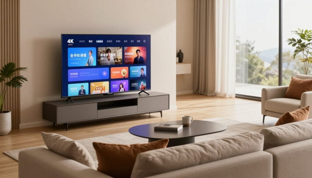 A modern living room featuring a sleek 4K TV prominently displayed on a stylish media console. In the foreground, a cozy sofa with neatly arranged throw pillows invites relaxation. The middle ground showcases the TV screen, brightly lit with a vivid streaming interface, showcasing vibrant colors and sharp details. Soft ambient lighting creates a warm and inviting atmosphere, enhancing the sense of comfort. In the background, large windows allow natural light to filter in, illuminating the space. The room is decorated with minimalistic furniture and plants, contributing to a contemporary feel. Capture this scene from a slightly elevated angle to provide a comprehensive view of the setup while focusing on the elegance of the 4K technology in action.