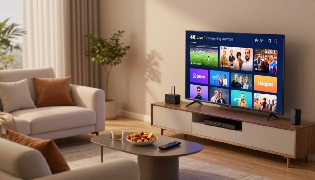 A modern living room scene showcasing the concept of "4K Live TV Streaming Services." In the foreground, a sleek, large flat-screen TV displays vivid 4K visuals of popular streaming platforms, with colorful icons and vibrant images hinting at live sports, movies, and series. A stylish entertainment unit holds various streaming devices, and a cozy sofa is adorned with plush cushions, inviting relaxation. In the middle ground, a coffee table features snacks and a remote control. The background is a minimalist decor, with warm, ambient lighting creating a welcoming atmosphere. The scene is shot from a slightly elevated angle to capture the entire setup, emphasizing the modernity and comfort of at-home streaming. Soft focus on the background adds depth while keeping the viewer's attention on the TV and streaming setup.