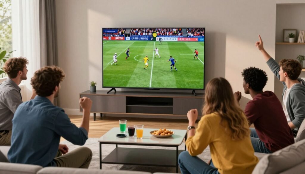 A modern living room setting with a sleek television displaying an exciting football match, showcasing vibrant colors and dynamic action. In the foreground, a diverse group of young adults in professional casual attire are gathered, leaning forward with joyful expressions as they cheer for their favorite teams. In the middle ground, a stylish coffee table is adorned with drinks and snacks, suggesting a game day atmosphere. The background features a window with soft, natural light filtering in, casting gentle shadows and creating an inviting ambiance. The overall scene conveys energy, excitement, and camaraderie, embodying the ultimate viewing experience of UK football through IPTV while bypassing blackout restrictions.