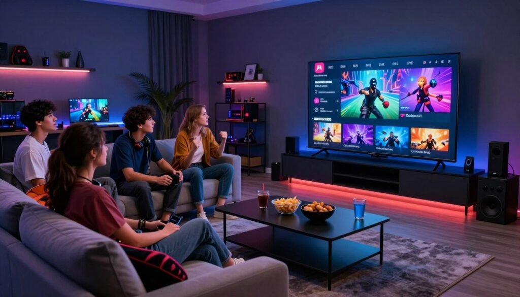 A modern living room setup featuring a large flat-screen TV, showcasing an engaging blackout games streaming service interface on screen. In the foreground, a cozy couch adorned with gaming-themed pillows, while a sleek coffee table holds snacks and drinks, creating a relaxed atmosphere. The middle section reveals a diverse group of friends, dressed in casual attire, intently watching the game, sharing excitement and camaraderie. The background includes dim ambient lighting with soft LED strips and gaming memorabilia on shelves, enhancing the mood of enthusiasm and enjoyment. The perspective is slightly elevated, giving a cinematic view of the entire scene, inviting the viewer to feel the excitement of an immersive gaming experience.