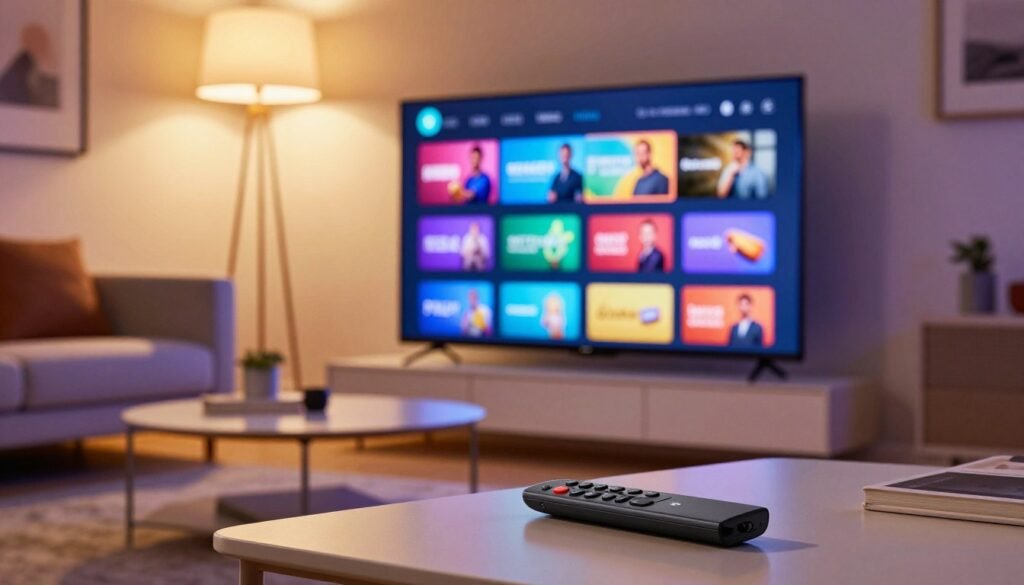 A modern living room with a stylish sofa and a coffee table, showcasing a large smart TV displaying vibrant IPTV interface options suited for Firestick users in the UK. In the foreground, a sleek Firestick remote is placed prominently on the table. The TV screen is brightly lit, illuminating the room and reflecting an inviting atmosphere. Soft, warm lighting from an overhead lamp adds a cozy ambiance, enhancing the colors of the IPTV interface. The walls are adorned with subtle art that complements the tech-savvy decor. The scene captures a sense of comfort and excitement for streaming entertainment, aimed at users looking for the best IPTV services for their Firestick in the UK.
