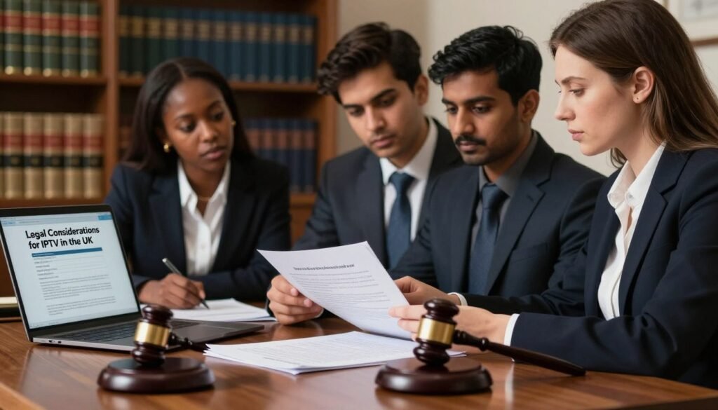 A professional setting depicting the concept of "Legal Considerations for IPTV in the UK." In the foreground, include a polished wooden desk with legal documents, a laptop displaying IPTV content, and a gavel symbolizing law and order. In the middle, feature a diverse group of three business professionals, a Black woman, a South Asian man, and a Caucasian woman, all dressed in smart business attire, analyzing the documents with expressions of concentration. The background should show a blurred bookshelf filled with law books and regulatory journals, hinting at legal expertise. Soft, warm lighting casts an inviting glow over the scene, creating a serious yet approachable atmosphere, while maintaining a depth of field to focus on the professionals and the legal materials.